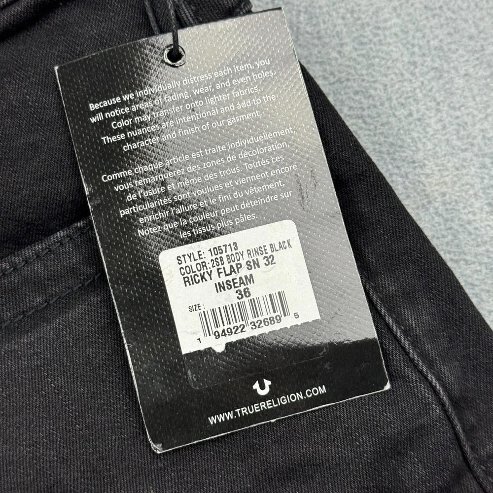 True Religion Jeans Mens 36 Black Denim Ricky Flap Relaxed Straight Pants NWT